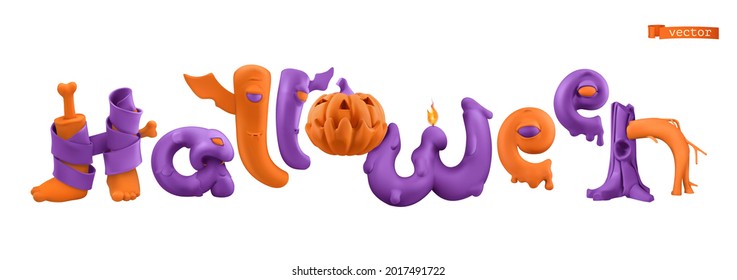 Halloween lettering 3d vector cartoon. Funny letters monsters isolated on white background