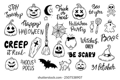 Halloween lettering. Autumn festival, sketch pumpkins broom cat bat spider web. Isolated typography party phrases, party neoteric vector elements