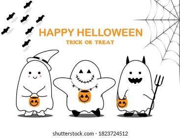 Halloween lettering background, cute pumpkin and ghost. Greeting cards for parties and sales. Fall holidays. Vector illustration of EPS10.