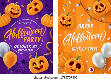 Halloween lettering background, funny pumpkins and balloons. Greeting card for party and sale. Autumn holidays. Vector illustration EPS10.