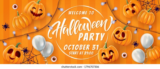 Halloween lettering background, funny pumpkins and balloons. Greeting card for party and sale. Autumn holidays. Vector illustration EPS10.