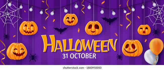 Halloween lettering background, funny pumpkins and balloons. Greeting card for party and sale. Autumn holidays. Vector illustration EPS10.