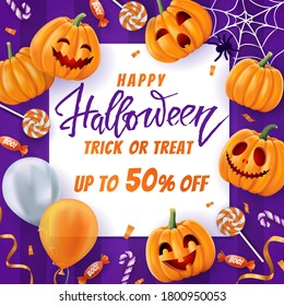 Halloween lettering background, funny pumpkins and balloons. Greeting card for party and sale. Autumn holidays. Vector illustration EPS10.
