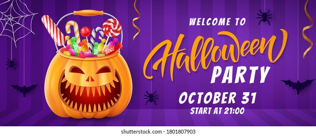 Halloween lettering background, funny pumpkins and balloons. Greeting card for party and sale. Autumn holidays. Vector illustration EPS10.