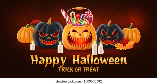 Halloween lettering background, funny pumpkins and balloons. Greeting card for party and sale. Autumn holidays. Vector illustration EPS10.