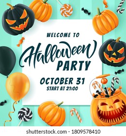 Halloween lettering background, funny pumpkins and balloons. Greeting card for party and sale. Autumn holidays. Vector illustration EPS10.
