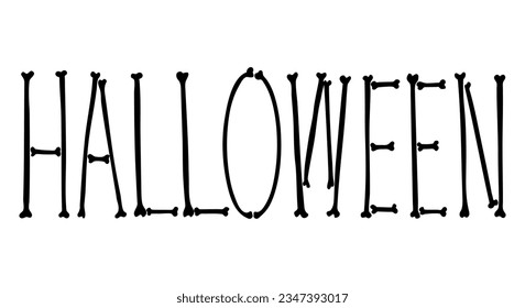 Halloween lettering banner in cartoon style, made out of bones. Blank for party banner, poster, presentation, template, halloween sale. Black and white drawn image. Vector illustration.