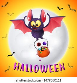 Halloween lettering and bat carrying cauldron with sweets. Invitation or advertising design. Typed text, calligraphy. For leaflets, brochures, invitations, posters or banners.