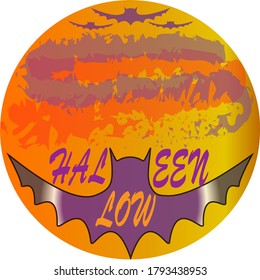 Halloween lettering with bats, a round moon and clouds.