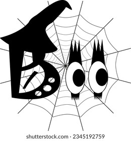 Halloween lettering - Boo. Letters characters - mosters. Halloween symbols - spider web. Vector illustration isolated.