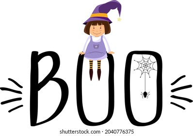 Halloween lettering "Boo" with a little witch. Vector illustration for design for the holiday Halloween. witch craft