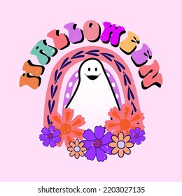 HALLOWEEN LETTERING WITH BOO AND RAINBOW OR FLOWER ILLUSTRATION