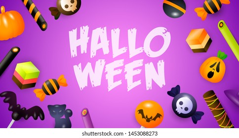 Halloween lettering with candies, sweets and cakes. Invitation or advertising design. Typed text, calligraphy. For leaflets, brochures, invitations, posters or banners.