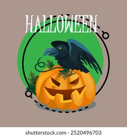 Halloween lettering with cartoon crow sitting on pumpkin. Typed text, calligraphy. Holiday, celebration, traditions concept. Vector illustration for invitation, banner or poster design