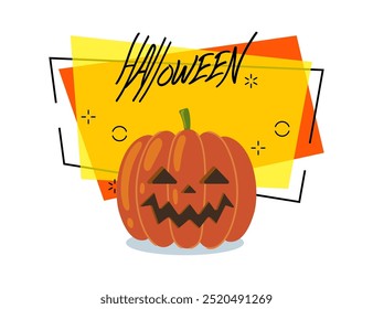 Halloween lettering with carved pumpkin lantern. Invitation or advertising design. Handwritten text, calligraphy. Vector illustration can be used for leaflet, poster or banner