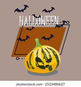 Halloween lettering with carved pumpkin lantern. Flying bats on background. Typed text, calligraphy. Holiday, celebration, party concept. Vector illustration for invitation, banner design