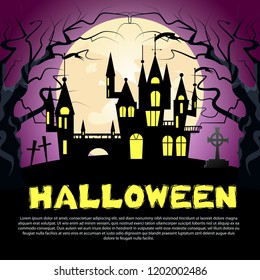 Halloween lettering with castle, cross, trees and moon. Invitation or advertising design. Typed text, calligraphy. For leaflets, brochures, invitations, posters or banners.