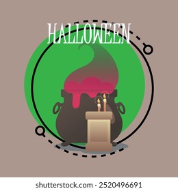 Halloween lettering with cauldron with potion and burning candles on pedestal. Typed text, calligraphy. Holiday, celebration, party, magic concept. Vector illustration for banner or poster design