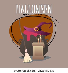 Letras de Halloween con caldero con poción, sombrero de bruja y escoba, velas en pedestal. Texto mecanografiado, caligrafía. Festiva, celebración, concepto de fiesta. Ilustración vectorial para la invitación, diseño del Anuncio