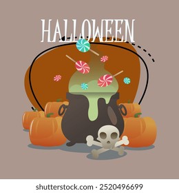 Halloween lettering with cauldron, pumpkins, skull, lollipops. Typed text, calligraphy. Autumn, party, celebration, magic concept. Vector illustration can be used for banner or poster design