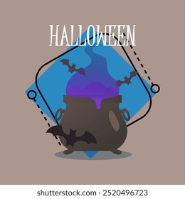 Halloween lettering with cauldron with purple potion. Flying bats on background. Typed text, calligraphy. Holiday, celebration, party, magic concept. Vector illustration for banner or poster design