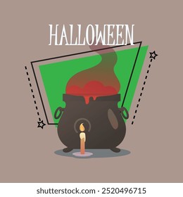 Halloween lettering with cauldron with red potion and burning candle. Typed text, calligraphy. Holiday, celebration, party, magic concept. Vector illustration for banner or poster design