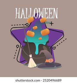 Halloween lettering with cauldron, witch hat, broom, pumpkins. Typed text, calligraphy. Autumn, party, celebration, magic concept. Vector illustration can be used for banner or poster design