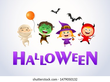 Halloween lettering with cheerful kids wearing monsters costumes. Invitation or advertising design. Typed text, calligraphy. For leaflets, brochures, invitations, posters or banners.