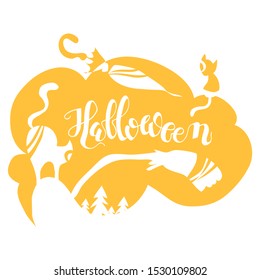 Halloween lettering in composition with attributes of holiday, broom, cat, umbrella, spruce. One-color, simple, flat-style image that can be used as a stencil. For a T-shirt print or holiday poster.