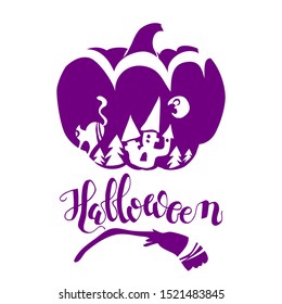Halloween lettering in composition with holiday attributes, pumpkin, castle, cat, moon, broom. One-color, simple, flat-style image that can be used as a stencil. For a T-shirt print or holiday poster.
