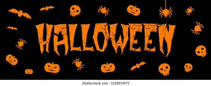 Halloween lettering cover with orange skull, bat, spider and jack'o lantern icons on black background
