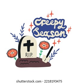 Halloween lettering Creepy season with grave shovel. Holiday clipart. Flat vector illustration isolated on white background