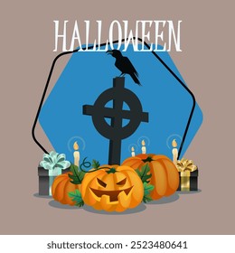 Halloween lettering with crow on gravestone, burning candles, gift boxes, pumpkin lantern. Typed text, calligraphy. Holiday, celebration, party concept. Vector illustration for banner design