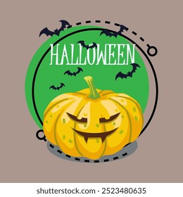 Halloween lettering with cunning pumpkin lantern character. Flying bats on background. Typed text, calligraphy. Holiday, celebration, party concept. Vector illustration for invitation, banner design