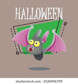 Halloween lettering with cute cartoon bat flying. Typed text, calligraphy. Holiday, celebration concept. Vector illustration for invitation, banner or poster design