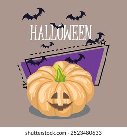 Halloween lettering with cute pumpkin lantern character. Flying bats on background. Typed text, calligraphy. Holiday, celebration, party concept. Vector illustration for invitation, banner design