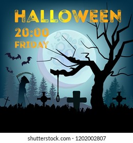Halloween lettering with date, scary tree and big full moon. Invitation or advertising design. Typed text, calligraphy. For leaflets, brochures, invitations, posters or banners.