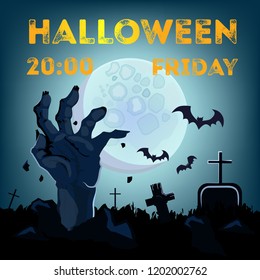 Halloween lettering with date, time, zombie hand and graveyard. Invitation or advertising design. Typed text, calligraphy. For leaflets, brochures, invitations, posters or banners.