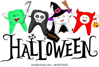Halloween lettering design with cute cartoon tooth character. witch, devil, skull and zombie, happy Halloween concept. Design for banner, poster, greeting card. Illustration.