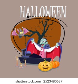 Halloween lettering with Dracula in coffin, pumpkin lantern, burning candles, flying bat. Typed text, calligraphy. Celebration, holiday, party concept. Vector illustration for poster or banner design