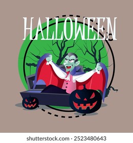 Halloween lettering with Dracula in coffin and pumpkin lanterns. Typed text, calligraphy. Celebration, holiday, party concept. Vector illustration for invitation, poster or banner design