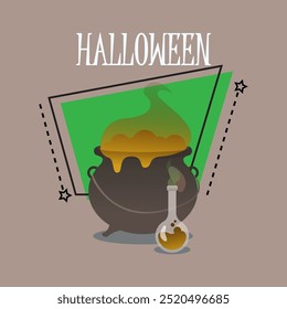 Letras de Halloween con frasco y caldero con poción. Texto mecanografiado, caligrafía. Festiva, celebración, fiesta, concepto mágico. Ilustración vectorial para el diseño de Anuncios o carteles