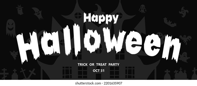 Halloween lettering with flying bats, pumpkin, ghost, web. Vector illustration.