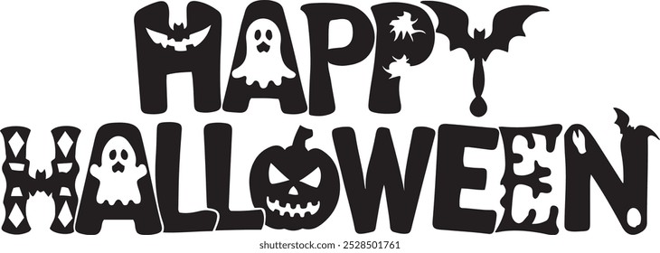 Halloween lettering with flying bats, pumpkin, spider. Vector