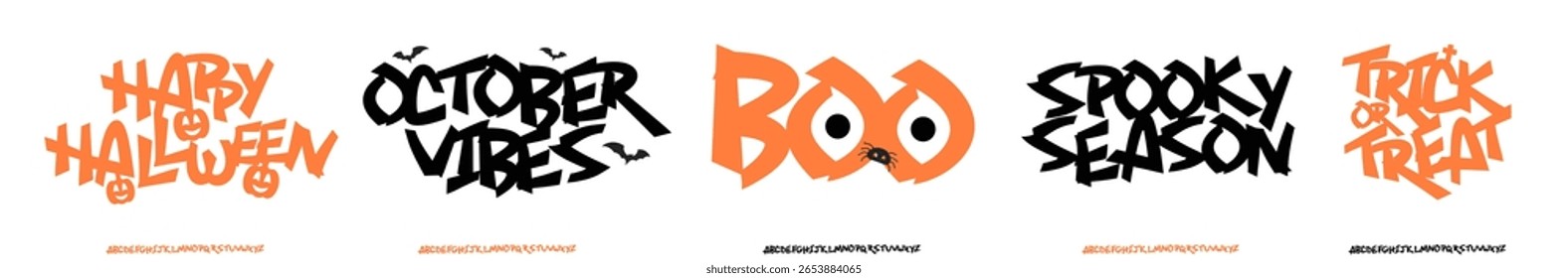 Halloween Lettering with Fun Quotes Like Trick or Treat, Boo, Spooky Season e October Vibes. Inclui abóboras, morcegos e aranhas. Ótimo para pôsteres, camisetas, cartões, adesivos. Ilustração de vetor.