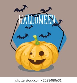 Halloween lettering with funny pumpkin lantern. Flying bats on background. Typed text, calligraphy. Holiday, celebration, party concept. Vector illustration for invitation, banner design