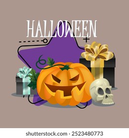 Letras de Halloween con cajas de regalo, linterna de calabaza de miedo y calavera. Texto mecanografiado, caligrafía. Festiva, celebración, concepto de fiesta. Ilustración vectorial para el diseño de la invitación o del Anuncio