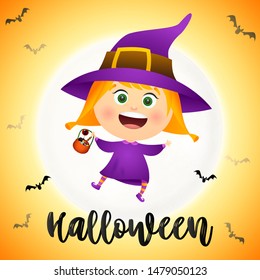 Halloween lettering with girl wearing witch costume. Invitation or advertising design. Handwritten text, calligraphy. For leaflets, brochures, invitations, posters or banners.