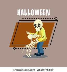 Halloween lettering in gothic style. Boy in skull mask and dog in skull costume. Typed text, calligraphy. Holiday, celebration, party, carnival concept. Vector illustration for banner or poster design