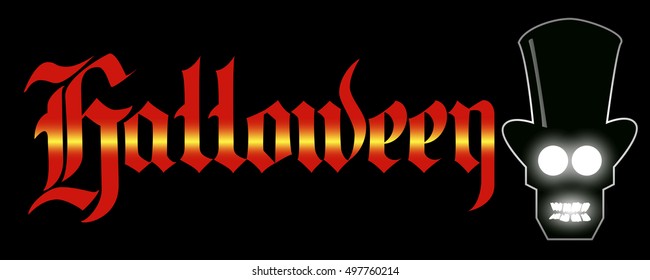 Halloween lettering. gotichkskaya calligraphy for the banner. handwriting. skull in the cylinder. on a black background. vector